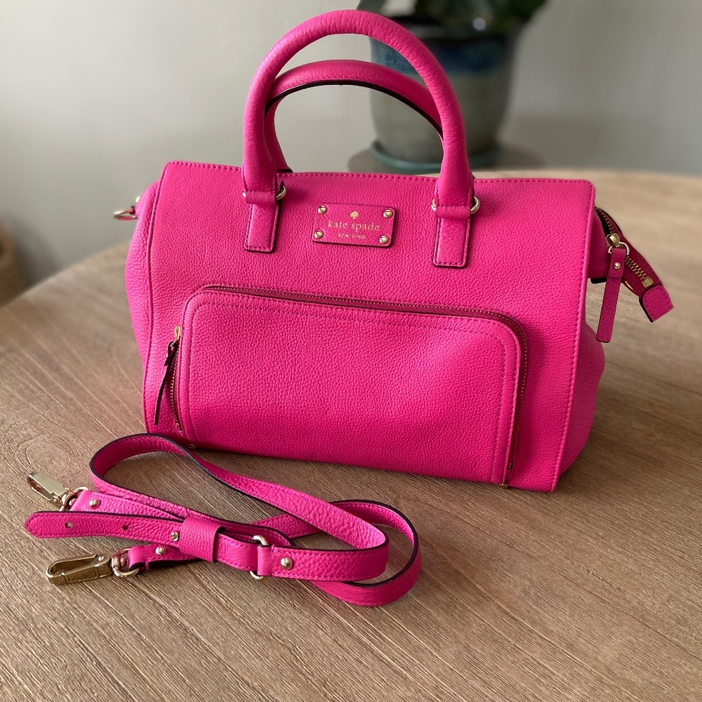 Hot Pink Leather Kate Spade Purse, Satchel Style with Cross-Body Strap